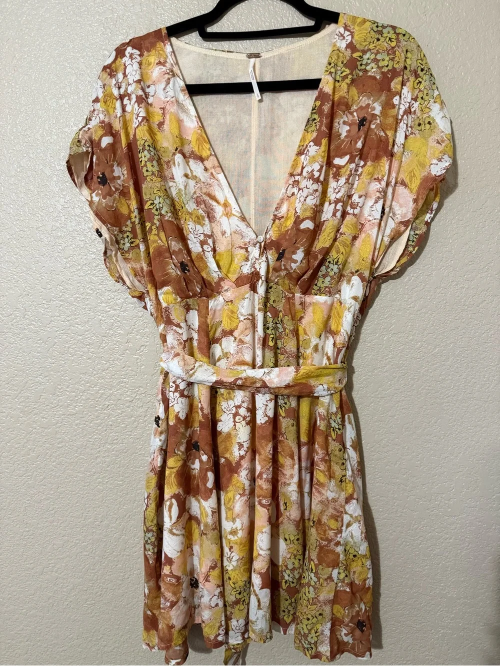 Free People Floral V-Neck Mini Dress in Brown, Yellow & White